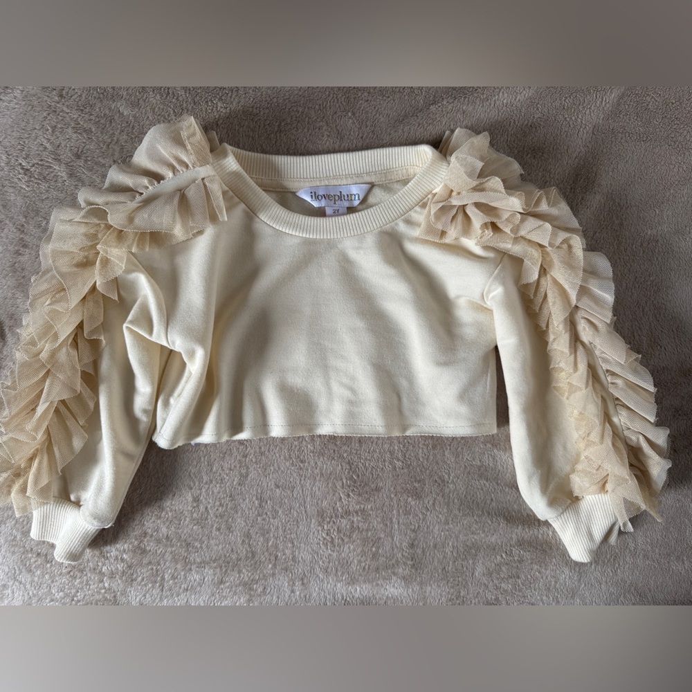 I Love Plum Ruffle Soiree Metallic Sweatshirt Top cream/ Beige Size 2